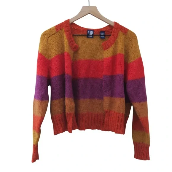 Vintage GAP Women's Multicolor Striped Sweater Rainbow Open Front Mohair Blend - Picture 1 of 11